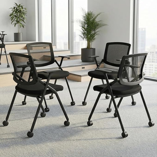 BROBRIYO Folding Chair with Wheels and Paddle, Ergonomic Mesh Back and Arms for Office, Meetings, Conferences, Receptions, Training Rooms & Folding Office Chairs - Black 100 Pack