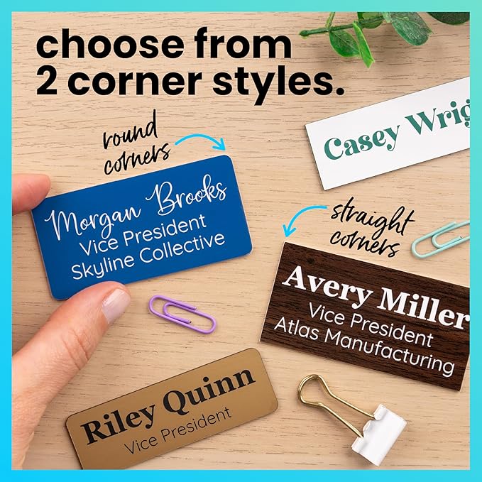 ExcelMark Custom Name Tag - Engraved Name Badge with Pin or Magnetic Backing, 16 Colors, 6 Fonts, and 2 Sizes to Choose from (White w/Blue Letters, 1.5"x 3")