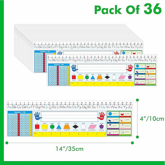 36 PCS Desk Nameplates, Double Sided PET Film Desk Name Tags with Alphabet, Numbers, Fractions, Shapes, Colors and Ruler Erasable & Reusable Traditional Manuscript Name Plate for Classroom (14” x 4”)