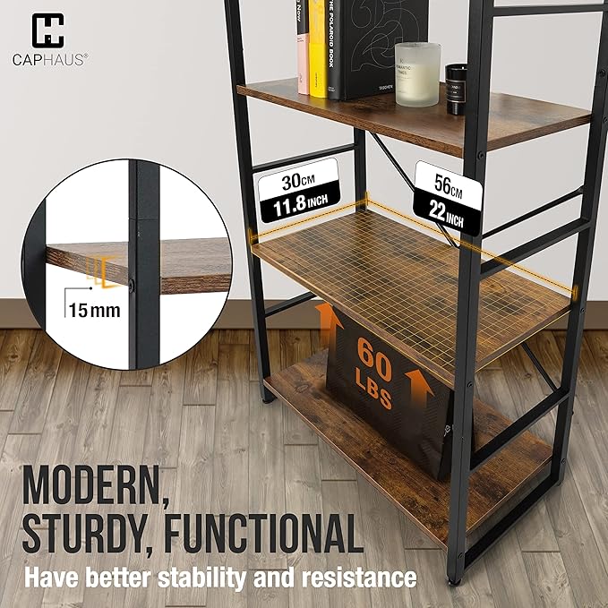 CAPHAUS 4 Tier Bookshelf, 24 Inch Width Free Standing Shelf, Bookcase Shelf Storage Organizer, Industrial Book Shelves for Home Office, Living Room, Kitchen, Rustic Oak Vintage Shelves & Metal Frame