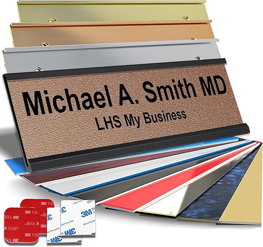 Personalized Name Plate with Choice of Mounting Holders for Walls, Doors, Cubicles, Hanging and More - Custom Textured Copper Plastic Black Letters - USA Made 2x6 - M2
