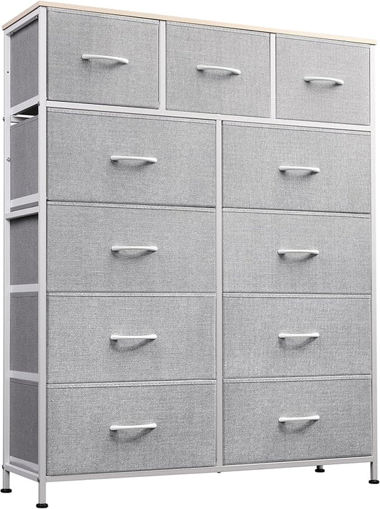 WLIVE Tall Dresser for Bedroom, Fabric Dressers Storage Tower, Dresser & Chest of Drawers Organizer Unit with 11 Drawers, Storage Cabinet, Hallway, Closets, Steel Frame, Wood Top, Light Grey
