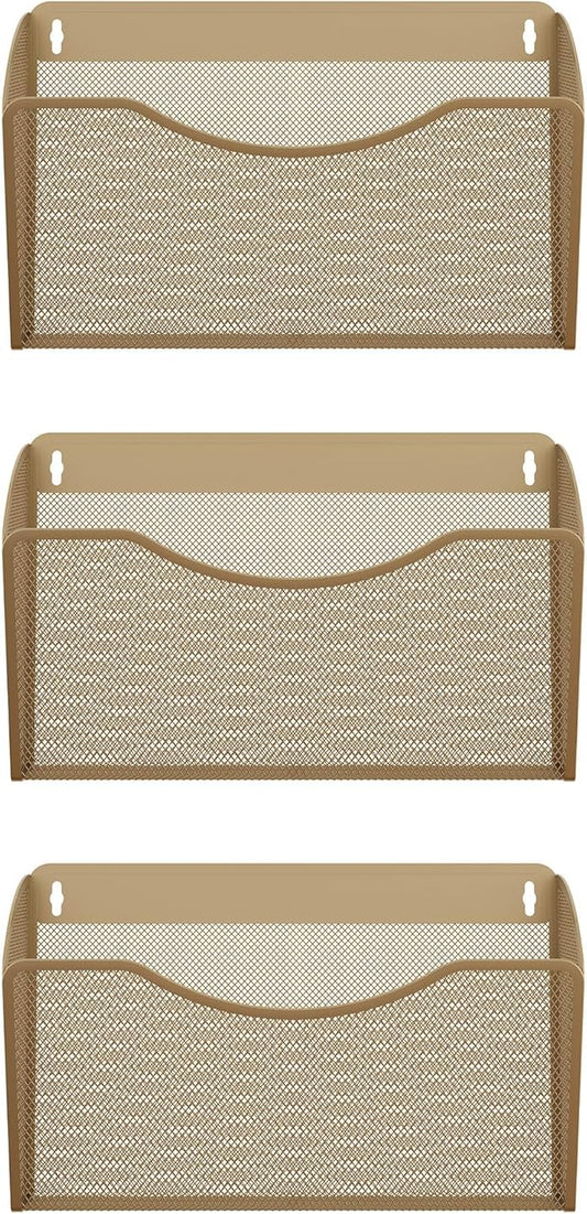 EasyPAG Single Pocket Wall File Organizer, Mesh Hanging File Folder Organizer for Letter/A4 Size Folders, Wall Mounted Vertical Mail Holder for Paperwork, Office, Home, School, Gold