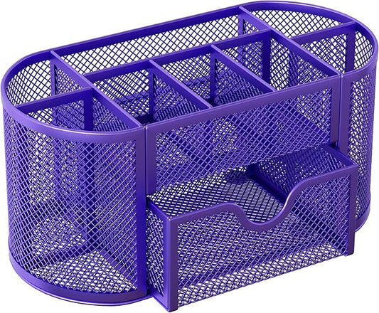 EasyPAG Mesh Pen Holder Desk Organizer with Drawer Stationery Supplies Organizer for Dorm School 9 Compartments Workspace Desk Accessories Organization for Office, Purple