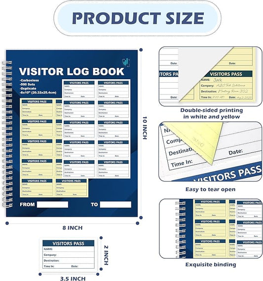 3 Pack of 1500 Visitor Badges Registry Log with Carbonless Copy 2-Part Letter Size Visitor Log Book Spiral-Bound Self Visitor Badges Guest Register Book for Business or School (3)