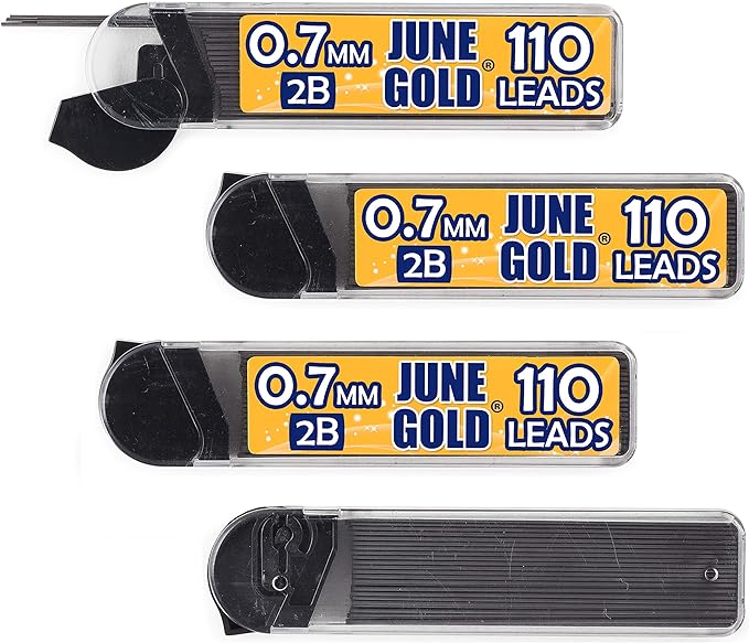 June Gold 440 Pieces, 0.7 mm 2B Lead Refills, 110 Pieces Per Dispenser, Medium Thickness, Break Resistant Lead/Graphite (Pack of 4 Dispensers)