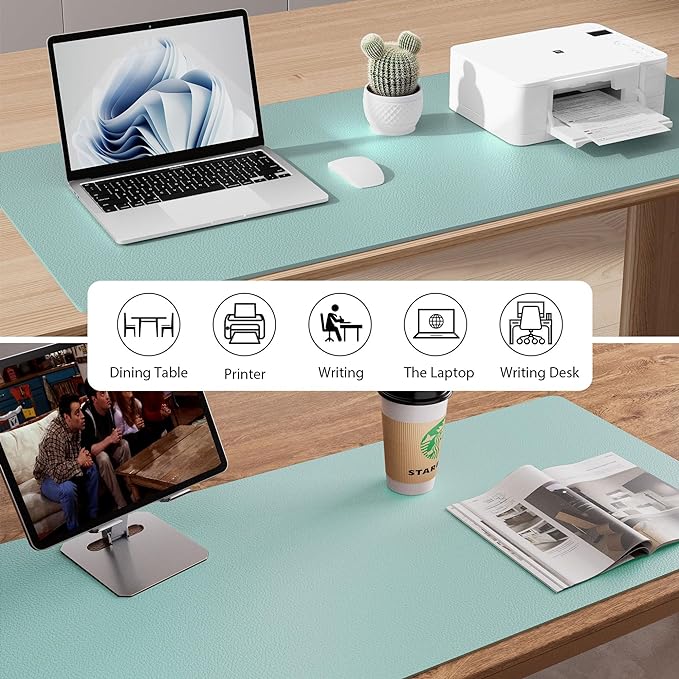 Aothia Faux Leather Desk Mat – Large Mouse Pad, Non-Slip PU Leather Blotter, Waterproof Writing Surface for Office and Home (Light Blue, 47.2" x 23.6")