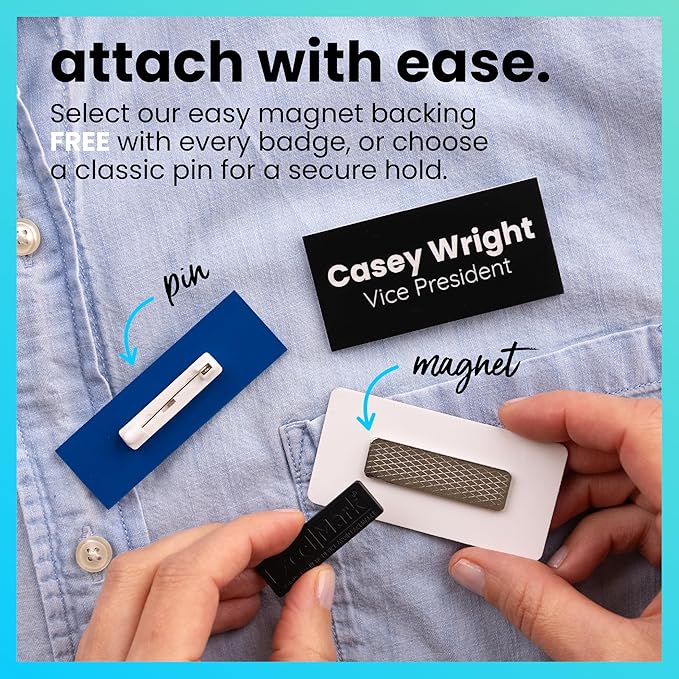 ExcelMark Custom Name Tag - Engraved Name Badge with Pin or Magnetic Backing, 16 Colors, 6 Fonts, and 2 Sizes to Choose from (White w/Red Letters, 1"x 3")