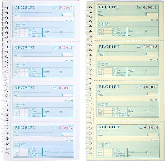 Receipt Book with Carbon Copies,Money and Rent Receipt Book,2-Part Carbonless,5.31" x 11.22",Spiral Bound,200 Sets per Book,4 Receipts per Page.