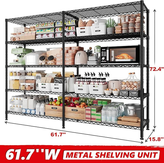 REIBII 5-Tier Heavy Duty Metal Wire Shelves, Industrial Style, 61.7"W x 72.4"H x 15.8"D, 1500 LBS Capacity, Adjustable, Rust Resistant, 2 Pack