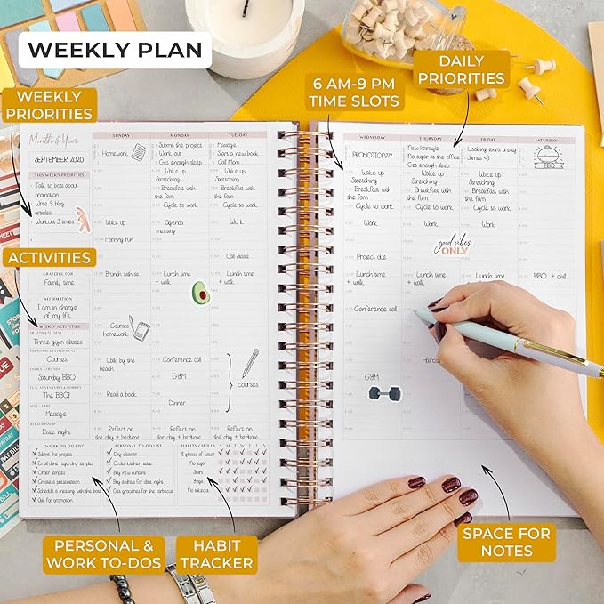 PLANBERRY Large Hourly Schedule Planner Premium – Undated Organizer for Productivity, Time Management & Budget, 8x10.4″ (Rose Gold)