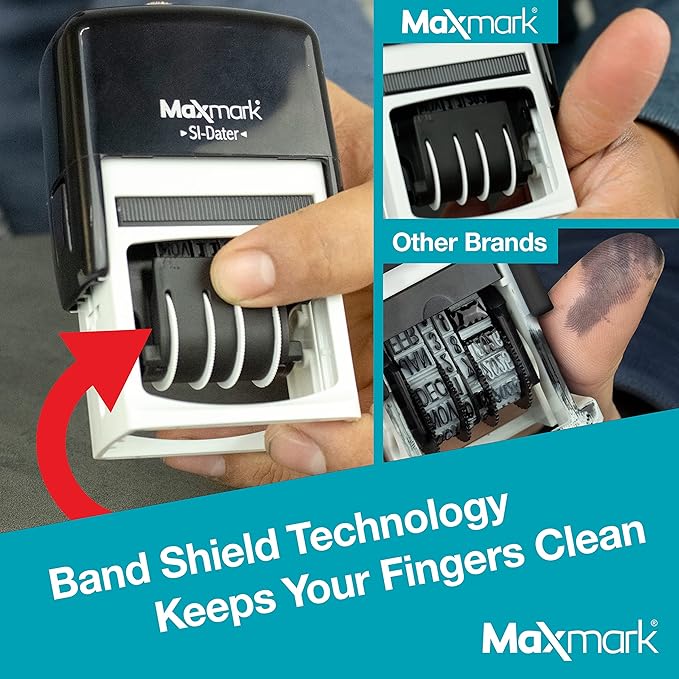MaxMark Office Self Inking Date Stamp with Phrase Scanned - 2 Color Blue/Red Ink