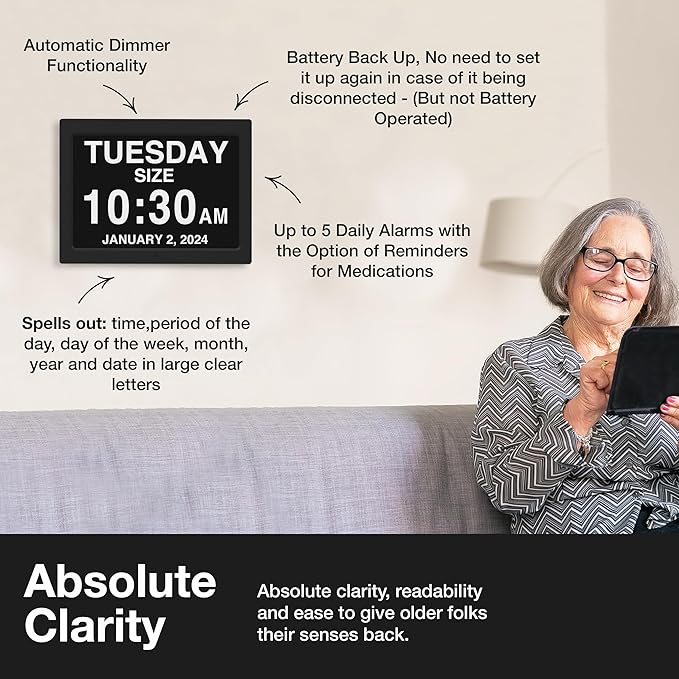 American Lifetime New 2026 Dementia Clock Large for Seniors, Digital Clock Large Display with Custom Alarms, Clock with Day & Date for Elderly, Number Digital Clock 12 Inches Black