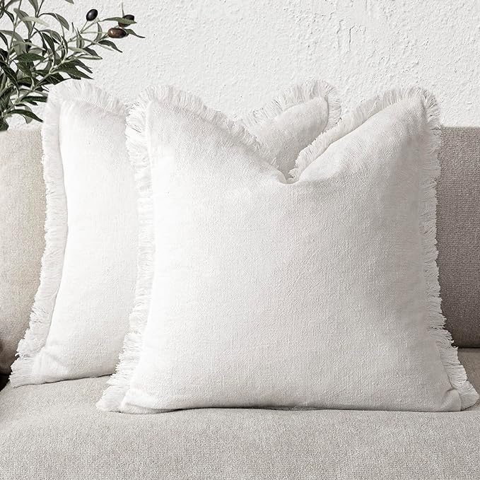 Foindtower Set of 2 Decorative Linen Fringe Throw Pillow Covers Cozy Boho Farmhouse Cushion Cover with Tassels Soft Accent Pillowcase for Couch Sofa Bed Living Room Home Decor,18×18 Inch,White