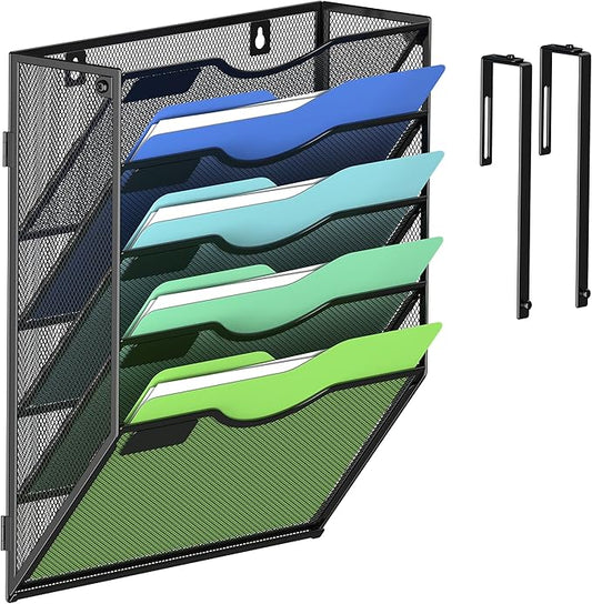 Kuntine.B Wall File Organizer Office Hanging Magazine Holder Wall File Organizer for Office Home (Black, 5 Tier & Hangers)