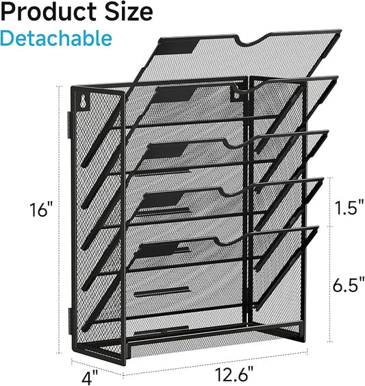 Lavatino 6-Tier Hanging File Organizer, Wall Mount File Holder for Mails Folders Papers Magazine Organization, Vertical Document Organizer for Office Home - Black