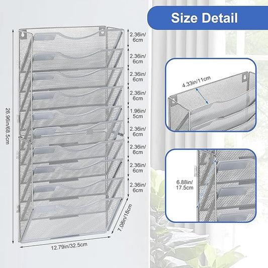 EasyPAG Wall File Organizer for Office 10 Pocket Mesh Wall Mounted Paper Organizer Hanging Folder Holder with Nametag Label for Home School, Silver