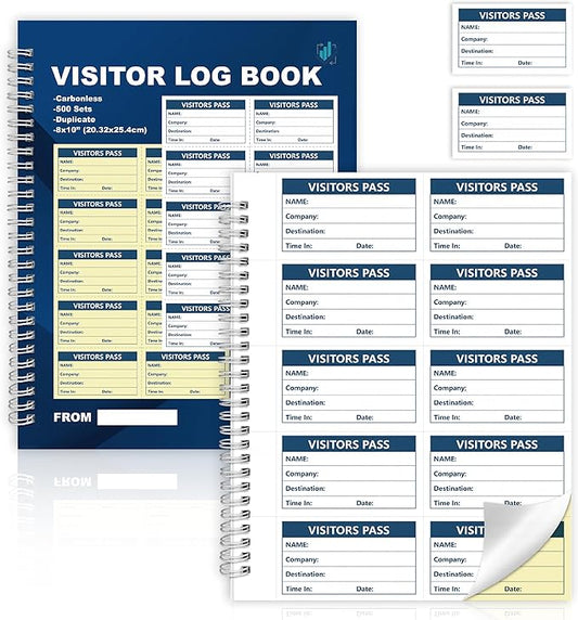 1 Pack of 500 Visitor Badges Registry Log with Carbonless Copy 2-Part Letter Size Visitor Log Book Spiral-Bound Self Visitor Badges Guest Register Book for Business or School (1)