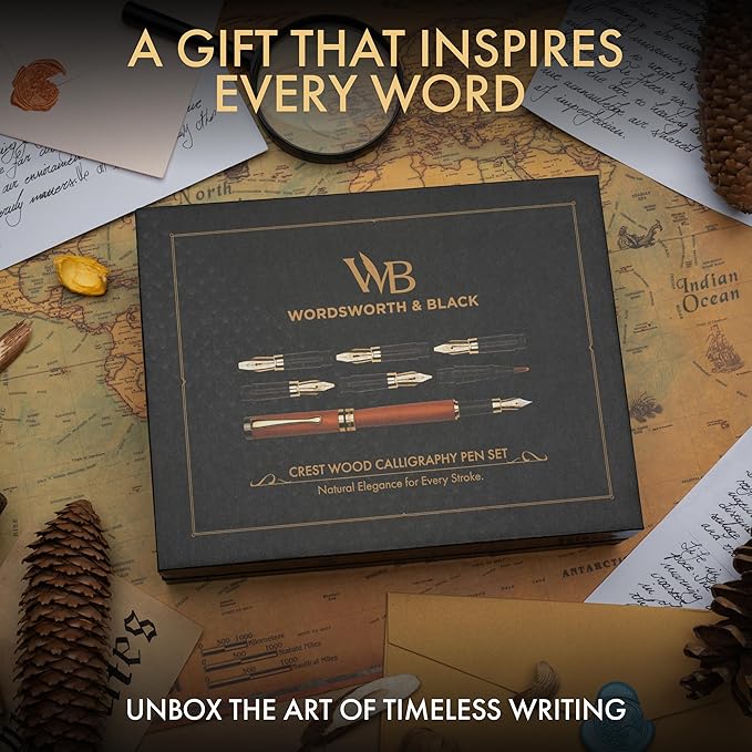 Wordsworth & Black Calligraphy Pen Gift Set, Includes Ink Bottle, 6 Ink Cartridges, Ink Refill Converter, 6 Replacement Nibs, Luxury Bamboo, Journaling, Smooth Writing Pens [Cherry Wood]