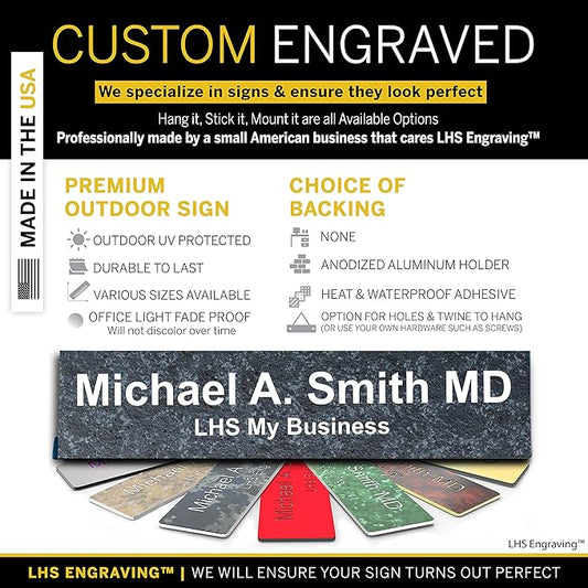 Personalized Name Plate with Choice of Mounting Holders for Walls, Doors, Cubicles, Hanging and More - Custom Mojave Black Plastic White Letters - USA Made 2x6 - N8
