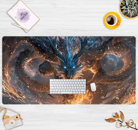 Cute Anime Dragon Desk Mat Kawaii Mouse Pad Gaming XXL Large Extended Desk Matt for Desktop with Stitched Edges, Laptop Computer Keyboard Mouse Mat for Women Office Decor Accessories 31.5''x15.7''