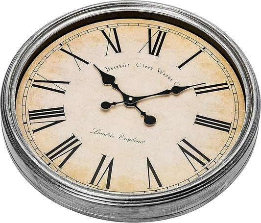 Bernhard Products Large Decorative Wall Clock 20 Inch Silent Non Ticking Battery Operated Quartz Vintage Stylish with Rustic Silver Rim for Home Living Room Dining Room Kitchen & Over Fireplace