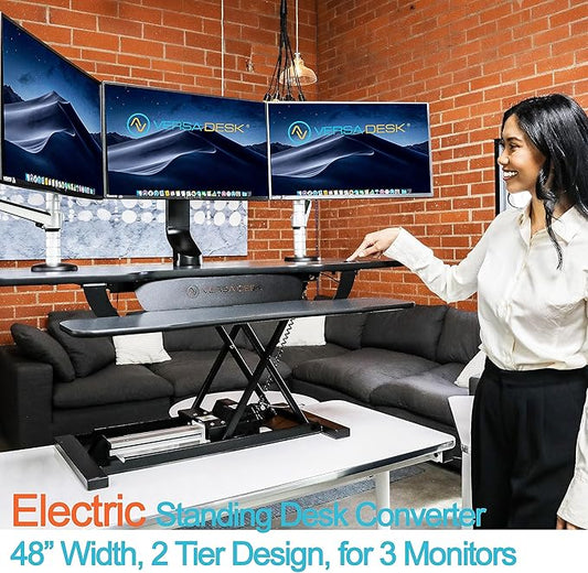 VERSADESK® PowerPro™ 48” x 24” Extra Wide Electric Sit-to-Stand Desk Converter w/ Keyboard Tray for Home or Office | USB Charging Port | Supports Multiple Monitors | Lifts 80 lbs. - Black
