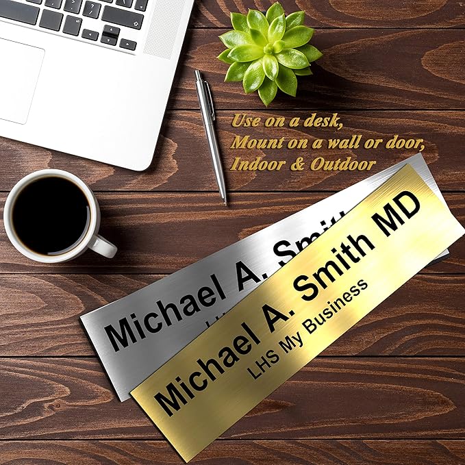 Engraved Door Signs for Office Personalized Blue Plastic Door Plaque with Yellow Letters - Made in USA 2x6 B20