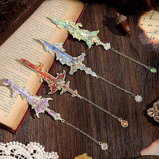 4pcs Fantasy Sword Bookmarks for Books, Journals, Planners - Cool Metal Book Markers for Reading Women & Men, Unique Book Marks Gifts for Book Lovers, Reading Accessories for Students & Adults & Kids